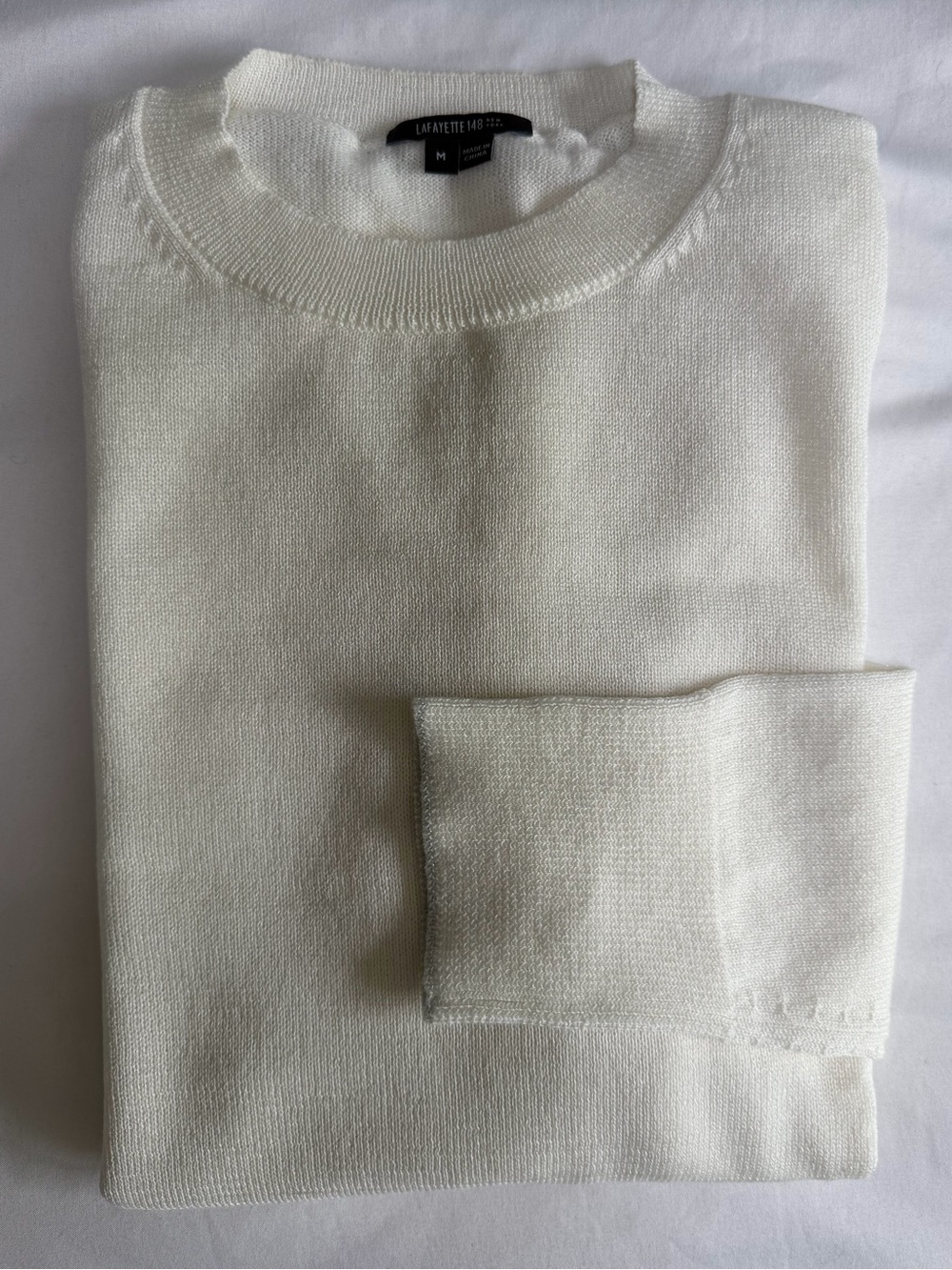 Lafayette 148 Wool Cotton Blend Lightweight White Knit Sweater Coastal Neutral